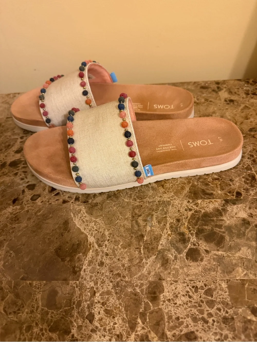 TOMS Cream Slide Sandals with Multicolor Bead Trim